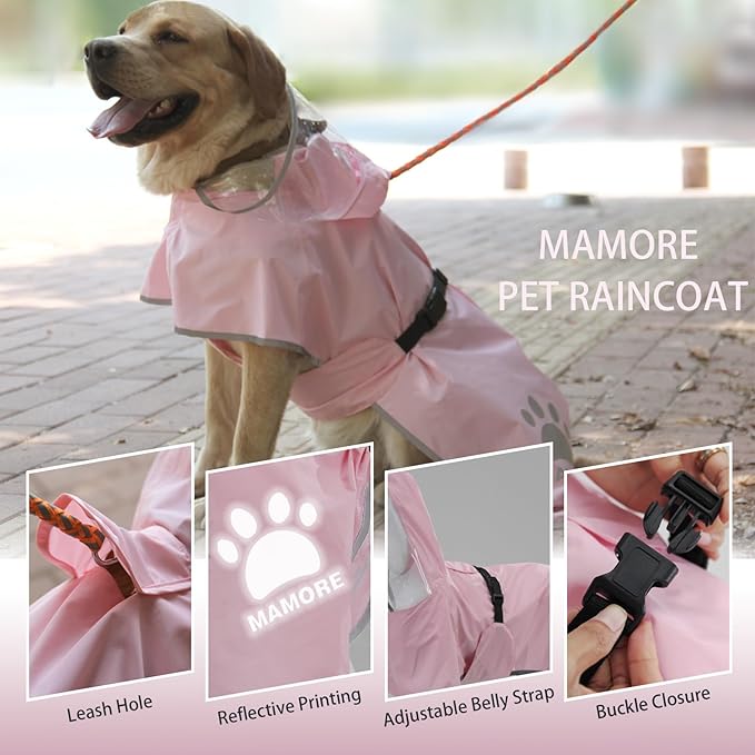 Waterproof Dog Raincoat, Reflective Adjustable Hooded Dog Rain Coat, Lightweight Breathable Pet Rain Jacket Poncho Double Layer with Leash Hole for Small Medium Large Dogs (Pink, 3X-Large)