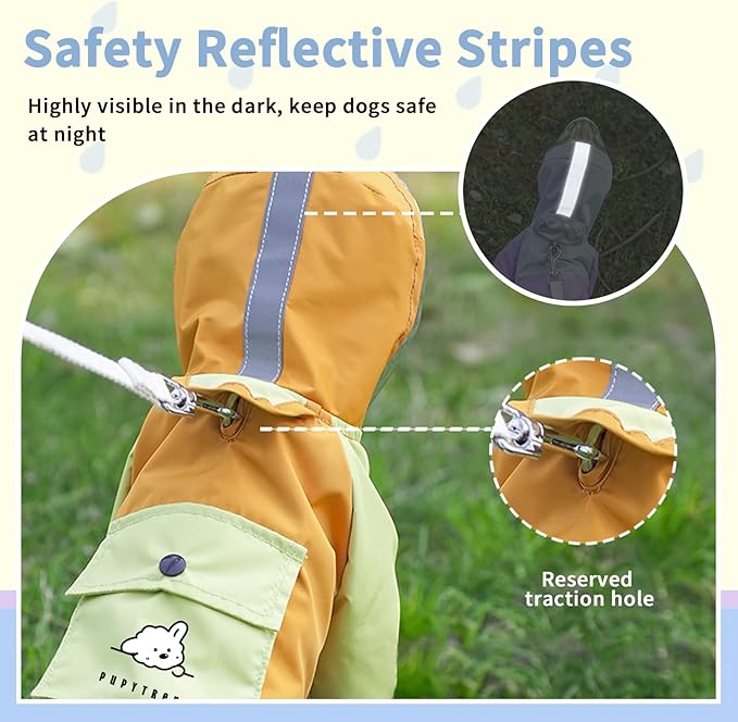 Dog Raincoat with Transparent Hood, Waterproof Jacket for Small Dogs with Snap-Button Chest, Leash Hole & Hook-and-Loop Cuffs Sleeves, Back Pocket for Treats (Yellow, Medium)