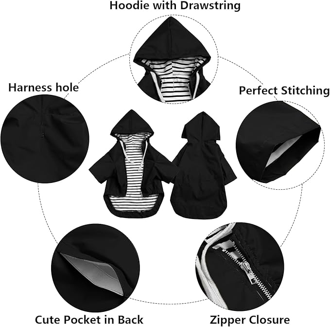 Dog Raincoat rain Jacket Raincoat Dogs Waterproof Small Medium Breeds Zip Closure Storage Pocket Harness Hole Black XS