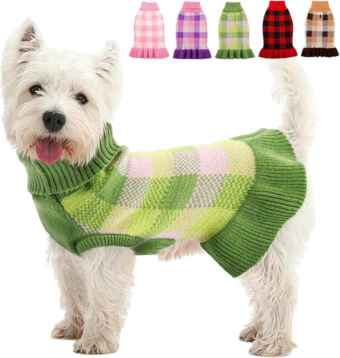 Dog Sweater Dress Plaid Knitwear for Small Medium Dogs Warm Puppy Pet Turtleneck Stretch Pullover Cute Fall Winter Vest Clothes with Leash Hole for Christmas (Green, M)