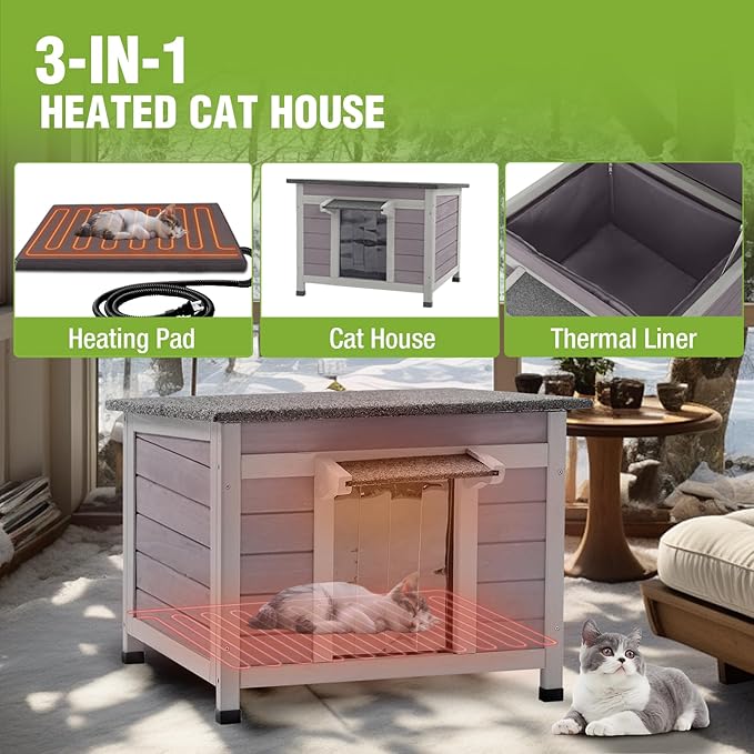 GUTINNEEN Heated Outdoor Cat House Weatherproof Insulated Feral Cat Shelter with Heated Pad and Insulated All-Round Thermal Liner for Outside Cats, Chewproof Cable Design (Winter-Ready)