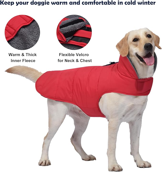 Dog Winter Coat, Waterproof Dog Jacket with Leash Hole, Reflective Adjustable Pet Snow Vest, Warm Fleece Sweater for Small Medium Large Dogs - Red, XS