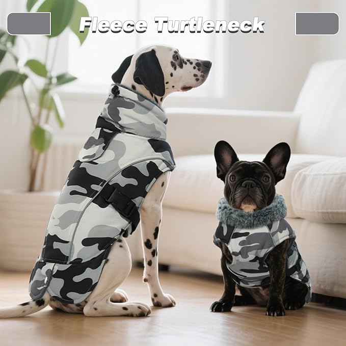 DENTRUN Large Dog Winter Coat - Windproof Reflective Warm Coat, Adjustable Neck & Snap Closure, Water Repellent Thick Fleece Vest, Fleece Lined for for Golden Retriever, White Camo, XL