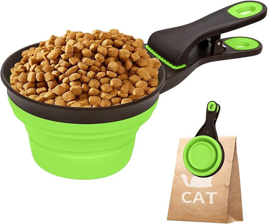Collapsible Silicone Dog Food Scoop Foldable Pet Food Measuring Cup with Bag Clip 3 in 1 Multi-Function Silicone Dog Food Scooper (Green, Large)