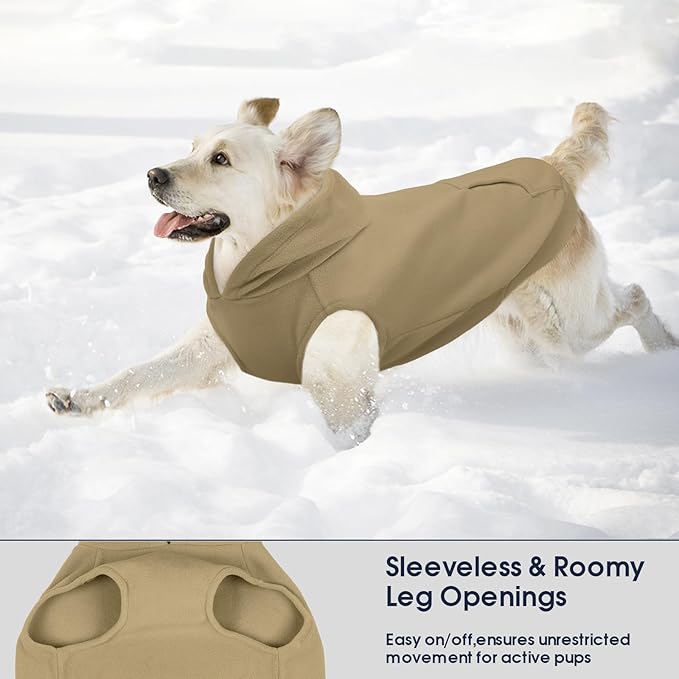 IECOii Dog Sweatshirt for Large Dogs, Hooded Fleece Vest with Leash Hole, XXXL Dogs Sweater for Giant Breed,Warm Polar Fleece Large Dog Hoodie for Fall Winter,Labrador,Golden Retriever, Khaki, 3XL