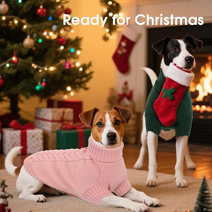 Dog Sweaters for Large Dogs Classic Turtleneck Dog Christmas Sweater Thick Warm Pullover Male Puppy Pet Stretch Knitwear Fall Winter Clothes with Leash Hole(Green, XL)