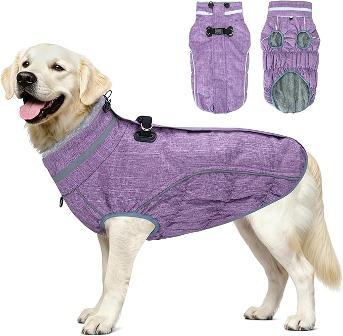 Malier Dog Coat, Reflective Dog Jacket Waterproof Windproof Puppy Cold Weather Coats with Harness Built in, Winter Extra Warm Pet Coat Fleece Vest for Small Large Pets and Puppy (Purple, XX-Large)