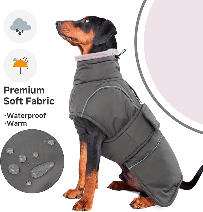 Dog Winter Coat for Small to Large Dogs(XS-XXXL)– Waterproof Windproof Fleece Lined Jacket with Reflective Trim,Pet Vest with Adjustable Buckles, Machine Washable Grey XL