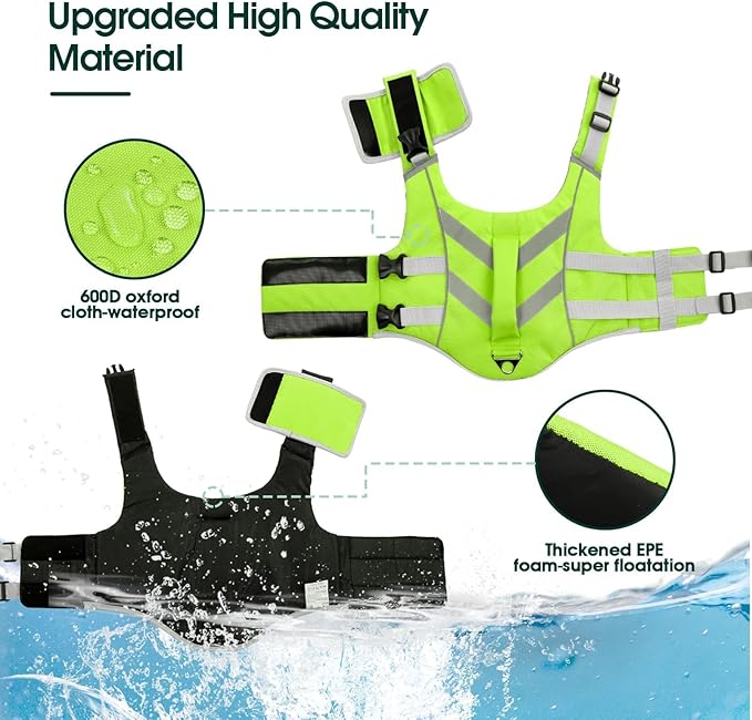 Kuoser Small Dog Life Jacket - High Flotation, Reflective Vest for Swimming Boating, Adjustable Lightweight Preserver with Rescue Handle, Green S