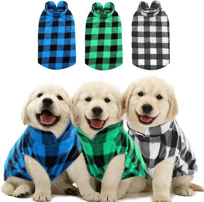 KAMA BRIDAL 3 Pack Spring Autumn Winter Coat Pullover Fleece Vest for Cats Small and Medium Dogs - Thin Sweater Blue Green Black Plaid (XXXS)