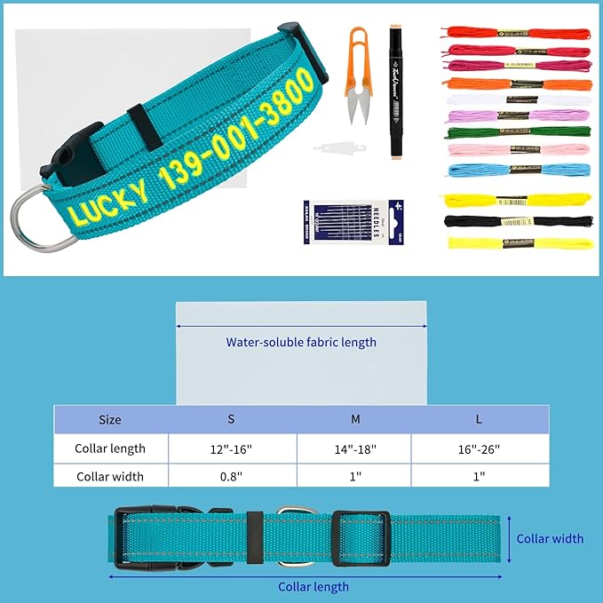 Personalized Embroidered Dog Collar - Custom Hand-Stitched Name & Number, Reflective Adjustable Pet Collar for Small/Medium/Large Dogs & Cats, Durable Nylon with Steel D-Ring (Teal, Medium)