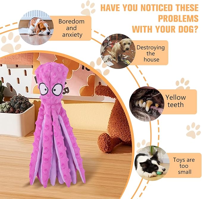 Dog Squeaky Toys Octopus, No Stuffing Plush Toys, Squeaky Octopus Dog Toy - Durable Plush for Puppies, Interactive Dogs Toys for Aggressive Chewers (Purple+Green)