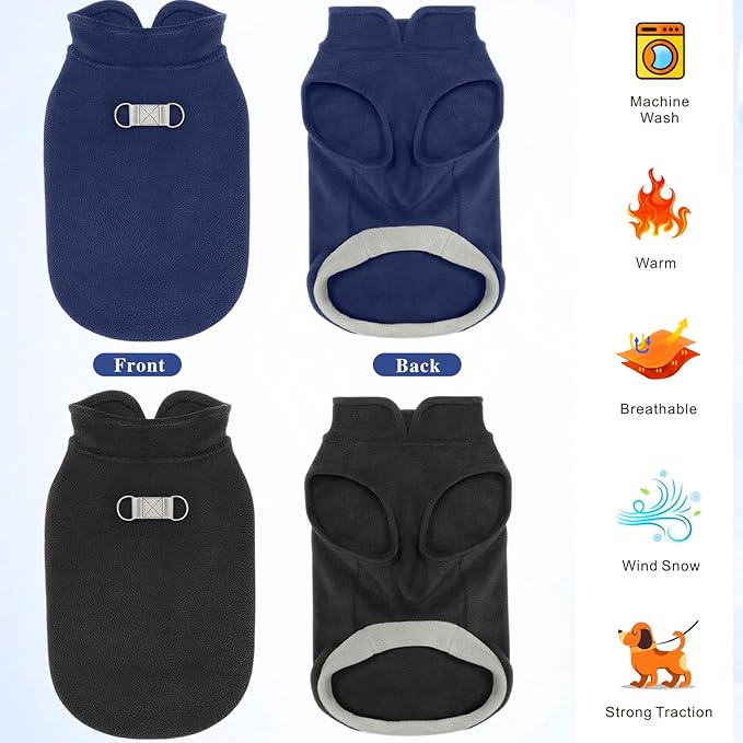 Idepet 2 Pack Dog Fleece Vest Sweater Warm Pullover Jacket with D-Ring Leash Reflective Winter Coat Hoodie for French Bulldog Pug Chihuahuas Yorkies Dachshunds(Black&Blue,XX-Large-French Bulldog)