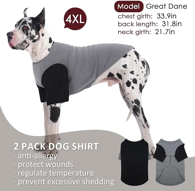 2 Pack Shirts for Large Dogs 4XL - Lightweight Breathable Summer Cool Tees, Prevent Overheating Dog Clothesfor Doberman, Alaskan Malamute, Travel, Hiking, Beach, Daily Wear, Sleep, GreyBlack