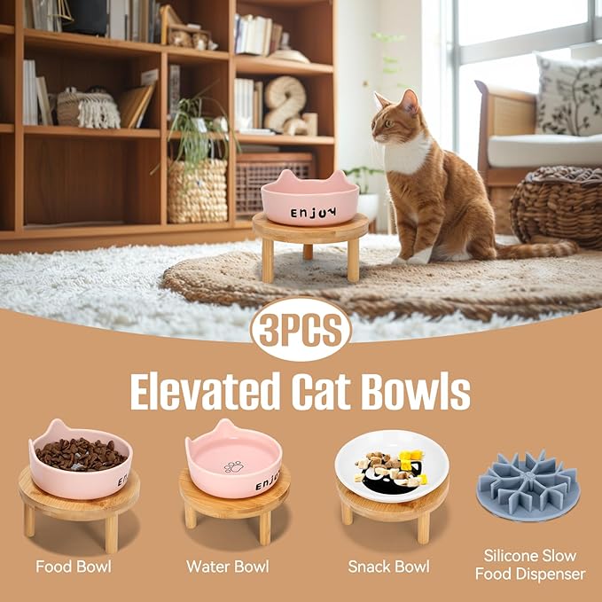 3PCS Elevated Cat Bowls,Wide Raised Ceramic Pet Dishes with Bamboo Stand, Whisker Friendly Pet Water or Food Plates Feeding Station for Indoor Small Dogs, Kitten (Pink(3PCS))