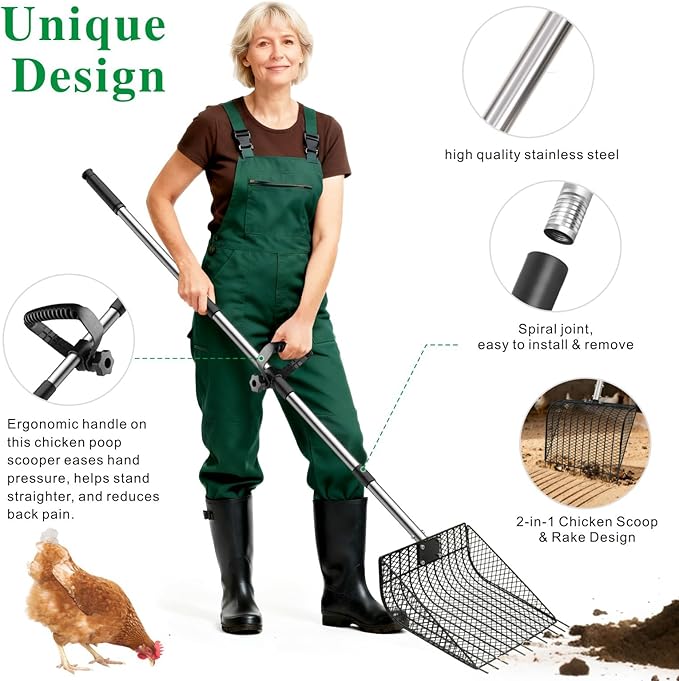 11.61" Chicken Poop Scooper & Rake 2-in-1+ 9.84" Pooper Scoopers, 25" to 67" Large Metal Litter Scoop with Adjustable Stainless Steel Handle for Farm Sifting Coops Cleaning Chicken Litter Pet Waste