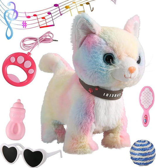 Colorful Walking Cat Set Singing That Purrs and Meows Animated Plush Robot Kitten with Leash Moving Plush Stuffed Animal Remote Control Cute Kawai Robotic Kitty Electronic Kitten Toy for Girl Kid