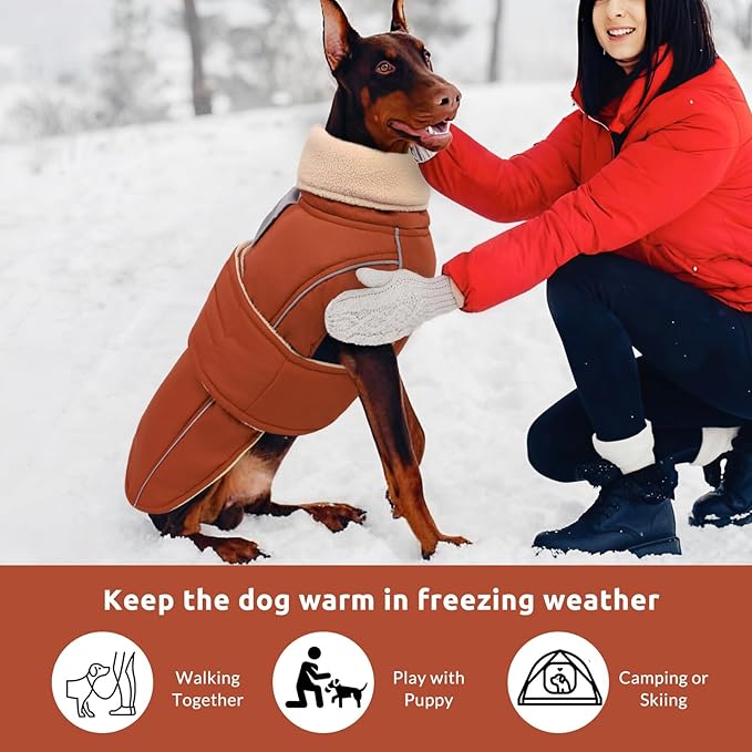 ASENKU Warm Dog Coat, Waterproof Dog Jackets for Large Dogs with Reflective Fleece Vest Turtleneck with Button,Windproof Cold Weather Coats for Small Medium Large Dogs, Red Brown, XL