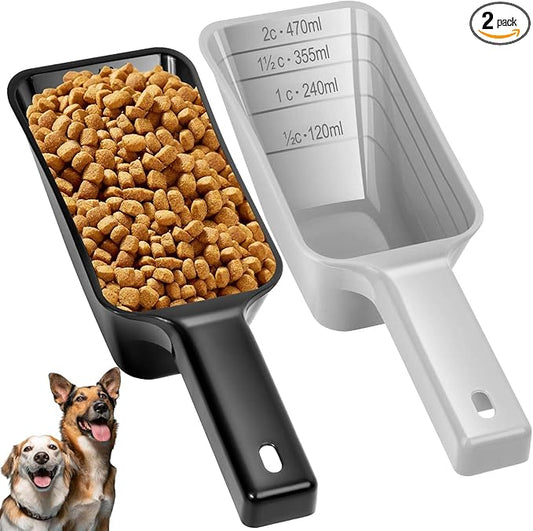 2 Cup Dog Food Scoop(2 Pack), Plastic Pet Food Scoop with Measuring Lines for Accurate Pet Food Portions,Dishwasher Safe (Black and Grey)