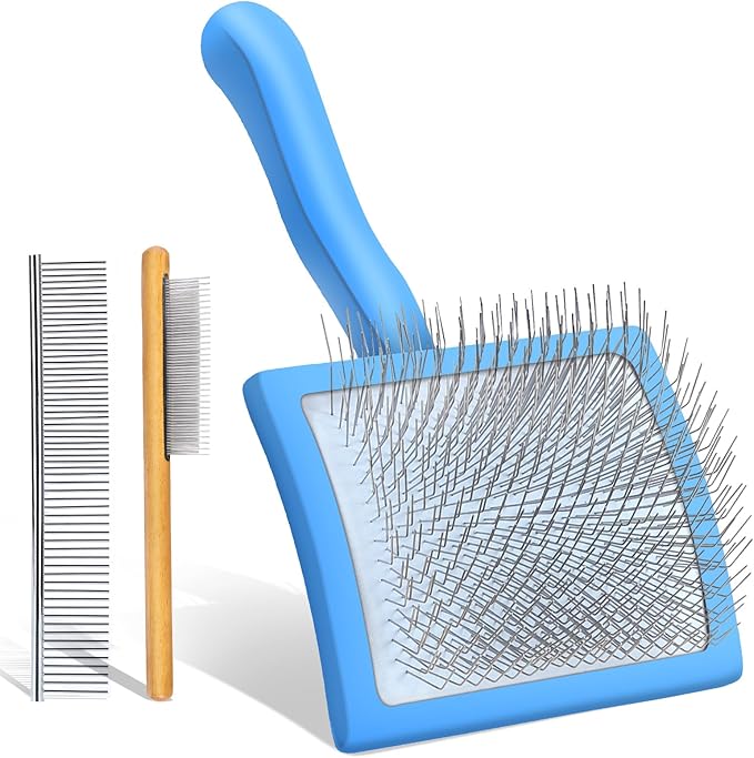 Dog Slicker Brush for Medium or Long Haired Dogs, Long Pin Slicker Brush for Removes Loose Hair, Tangles and Knots, Best Grooming Tools for Small Animals, Large, Free Pet Comb, Blue