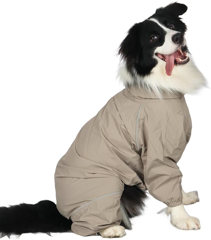 Dog Raincoat for Medium Large Dogs,rain Jacket Coat, Full Leg Coverage Waterproof Rain Suit with Detachable Hood & Tail, Reflective Strips, Snag-Free Top Zipper (Khaki for Girl, X-Small)