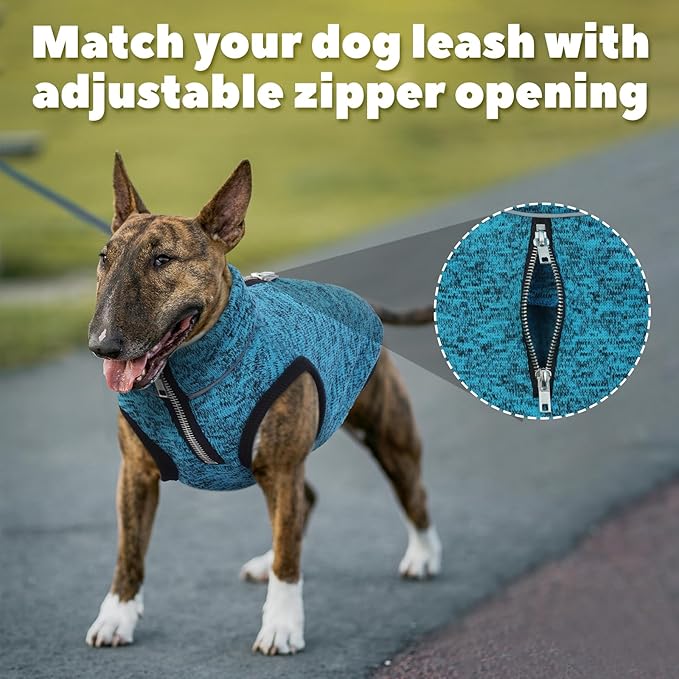 ROZKITCH Dog Sweater for Small, Knit Pet Jacket with Fleece Lining, Warm Winter Coats for Small Dogs with Zipper Opening for Harness, Adjustable Neck Reflective Pet Jacket Blue M