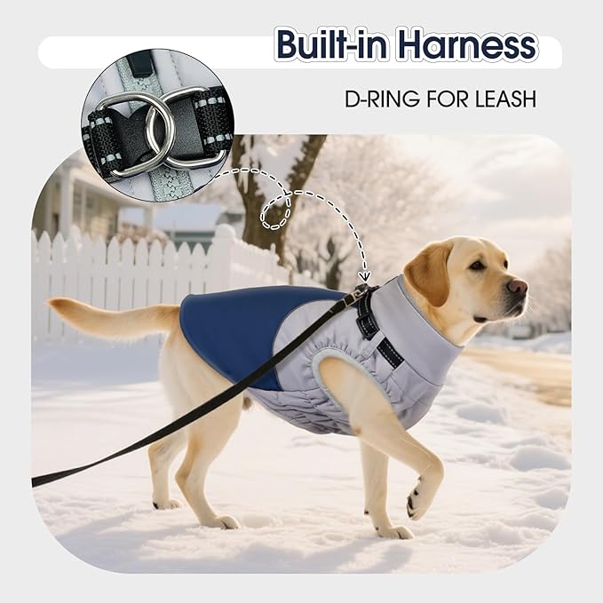 DENTRUN Dog Coat with Harness Built in, Easy On/Off Zipper Closure Winter Dog Vest, Water-Repellent Fleece Lined Warm Jacket with Reflective for Large Dogs, Dark Blue, XXL