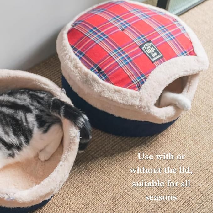 Cat Cave Bed – Plush, Warm & Calming Hideaway with Detachable Lid & Mat, Covered House for Indoor Kitten & Kitty (Yellow)