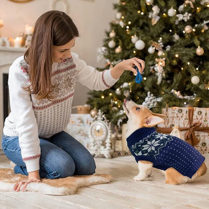 Kuoser Dog Sweater, Holiday Christmas Snowflake Pet Warm Knitwear Dog Sweaters Soft Puppy Clothing, Doggie Turtleneck Cold Weather Outfit Pullover for Small Medium Large Dogs Cats, Blue L