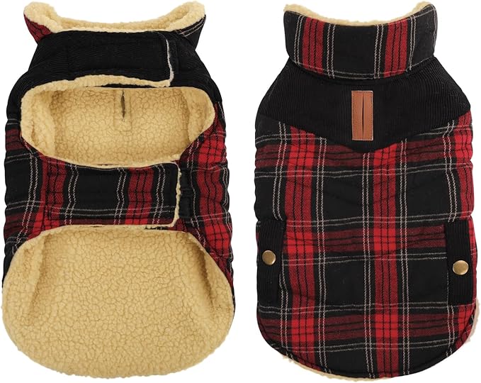 Queenmore Dog Winter Coat Warm Dog Jacket for Cold Weather, Quilting Puffer Plaid Coats for Small/Medium Dogs Waterproof,Girl/Boy Pet Christmas Coat,Pet Snowsuit with Leash Hole/Fleece Padding, XS