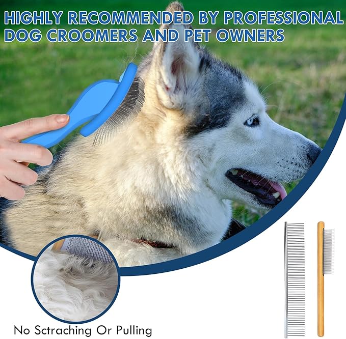 Dog Slicker Brush for Medium or Long Haired Dogs, Long Pin Slicker Brush for Removes Loose Hair, Tangles and Knots, Best Grooming Tools for Small Animals, Large, Free Pet Comb, Blue