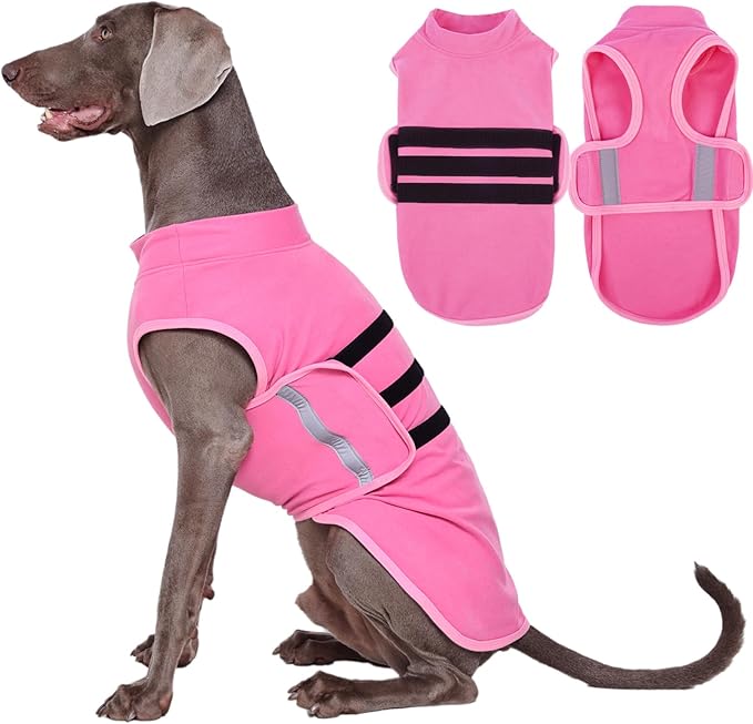 IDOMIK Warm Fleece Dog Sweater for Large Dogs,Soft Winter Dog Fleece Jacket Coat for Fall Cold Weather,Adjustable Fleeced Vest with Reflective Strips,Pullover Pet Sweatshirt for Girl Boy Dogs,Rose,3XL
