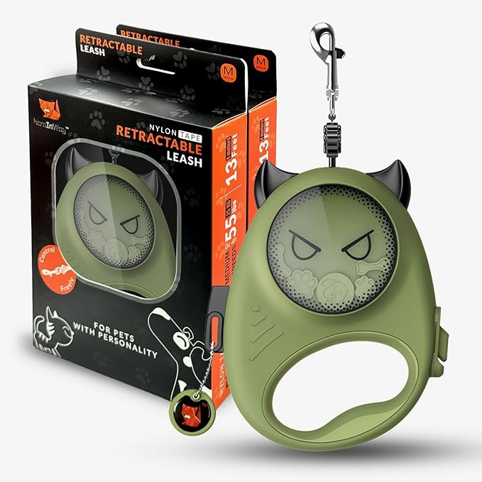 Retractable Dog Leash – 13ft Strong Nylon Tape, Auto-Locking, Tangle-Free, One-Touch Brake, Comfortable Grip – Fun Halloween Design for Small Dogs up to 20 lbs, Haminway Cheeky Imp Design
