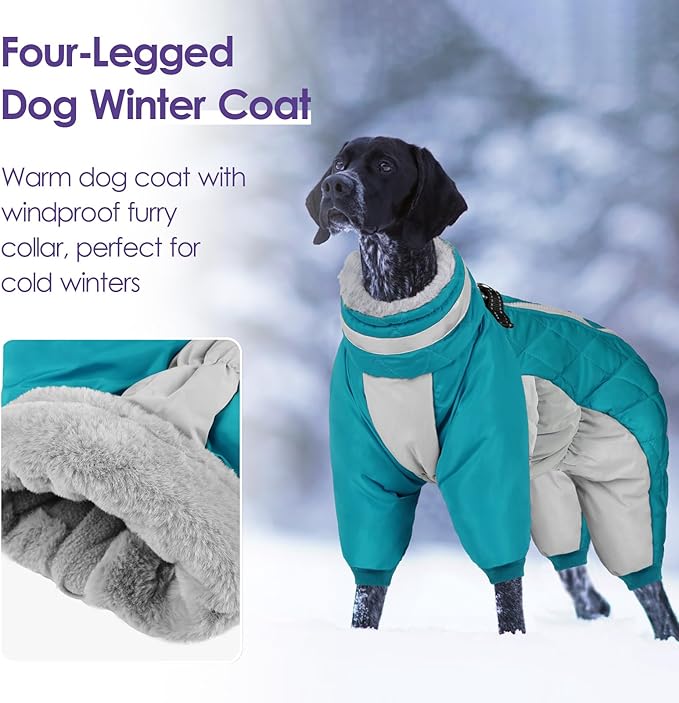 SUNFURA Full Body Dog Coat - Warm Fleece Jacket for Medium Dogs, Turtleneck Winter Coats with Harness, Reflective Dog Snowsuit Windproof Puffer Jackets with Legs for Boston Terrier, Turquoise M
