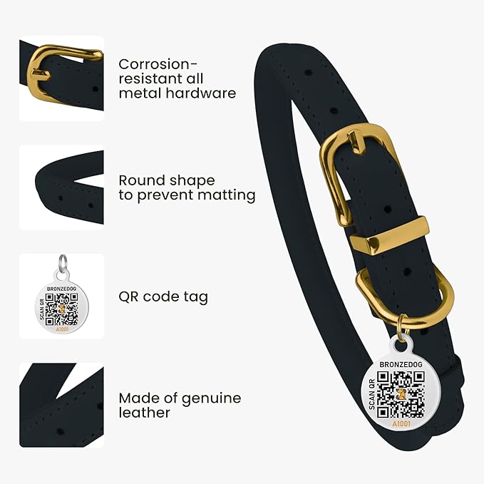 BronzeDog Rolled Leather Dog Collar with QR ID Tag, Adjustable Soft Round Collars for Small Medium Large Dogs Puppy (11" - 14 1/2" Neck Size, Dark Blue)