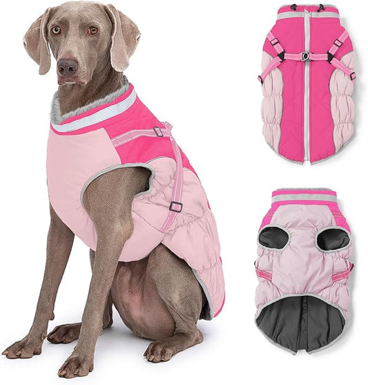 Dog Winter Coat with Harness, Dog Jacket, Pet Clothes with Zipper on Back, Waterproof Windproof Warm Vest, Reflective Cold Weather Coats, for Small Medium Large Dogs, Thick, Pink, 3XL