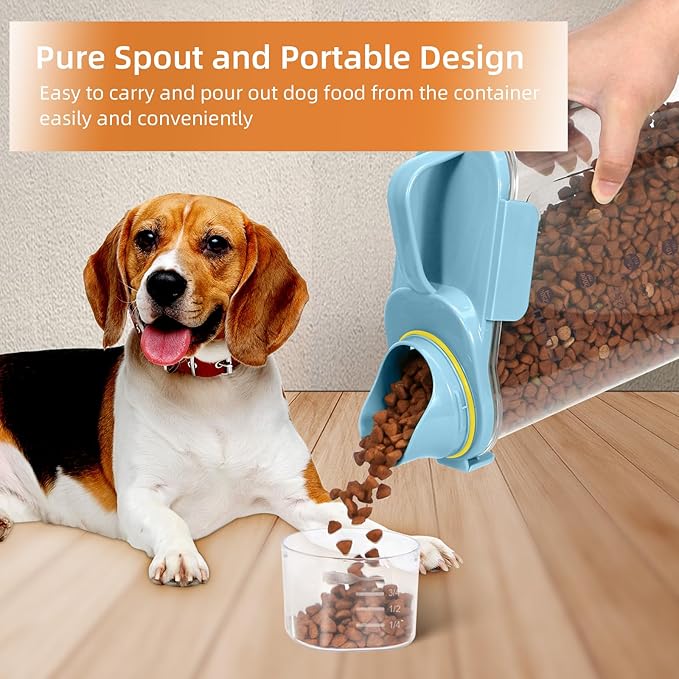 3-5 LBS Cat Dog Food Storage Container Upgraded Large Nozzle BPA-free, Plastic Pet Food Storage Containers With 4 Sealed Clasps, 1 Measuring Cup and With Folding Bowl (Blue 1Pack)