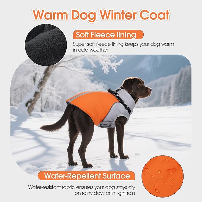 DENTRUN Dog Coat with Harness Built in, Windproof Water-Repellent Winter Dog Jacket with Reflective Strips & Fleece Lined, Plush Turtle Neck for Small Dogs, Orange, XS