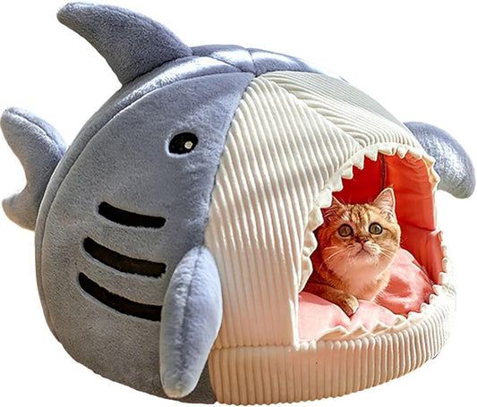 QWINEE Cat Mat Shark-Shaped Kennel Kitten Bed Hideout House Warm Soft Comfortable Semi-Closed Cat Dog Nest Blue S