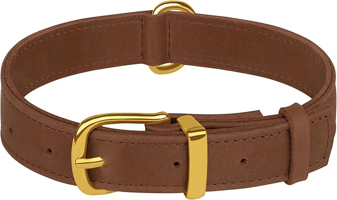 Leather Dog Collar - Heavy Duty Adjustable Soft Padded Pet Collars for Small Medium Large Dogs Breed - Black Green Brown Pink Red Blue (Cognac, M, 12"-15" Neck Fit)