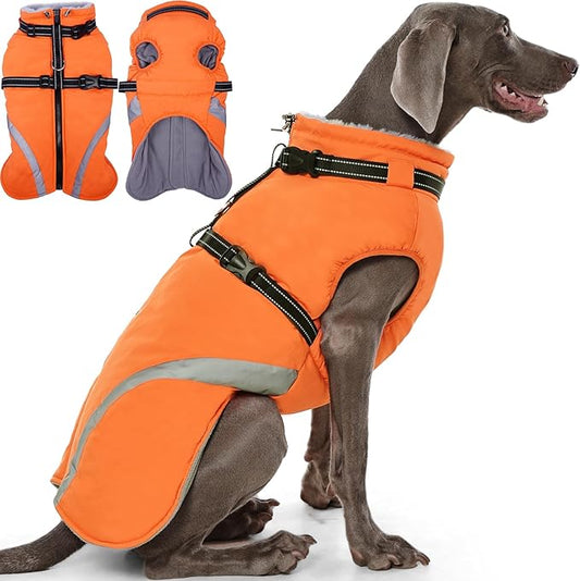 QBLEEV Large Dog Coat, Dog Winter Jacket for Large Dogs, XX-Large Waterproof Cold Weather Vest with Built-in Harness, Zipper & Reflective, Windproof Thick Warm Fleece Snowsuit Clothes, Orange, XXL