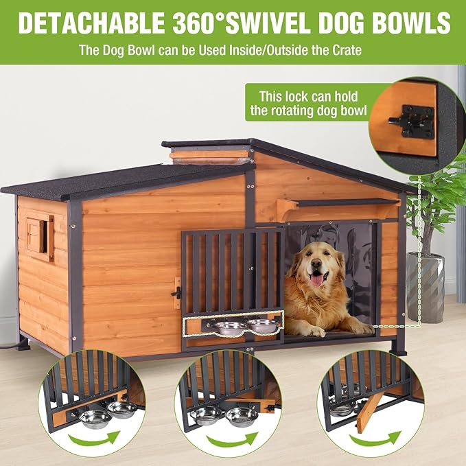 GUTINNEEN Extra Large Heated Dog House Insulated Dog Kennel Weatherproof Dog Shelter with Safe Heating Pad, Chew-Proof Metal Frame, Rotatable Spill-Proof Bowl for Large Dog Breeds, 60"L x 36"W x35.4"H