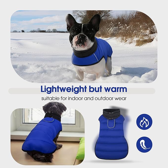 IDOMIK Dog Winter Coat, Warm Waterproof Dog Puffer Jacket with Harness Hole, Adjustable Reflective Snow Jacket Vest with Turtleneck, Pet Cold Weather Coats for Large Dogs,Blue,2XL