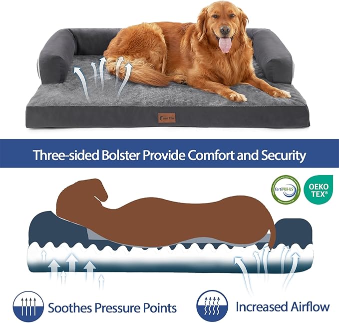 Orthopedic Dog Beds for Extra Large Dogs, Waterproof Egg Crate Foam XL Dog Bed with Sides 45 * 35Inch, Big Dogs Couch Beds with Removable Washable Cover and Nonskid Bottom, Dark Grey