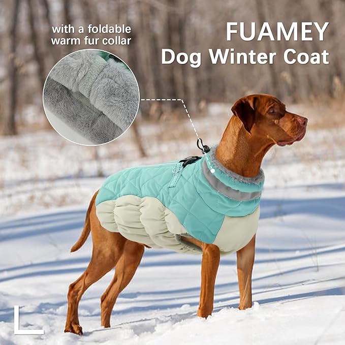 FUAMEY Dog Coat for Large Dogs,Waterproof Dog Winter Jacket with Harness Built in Puppy Cold Weather Coats Reflective Pet Vest with Zipper Warm Fleece Dogs Snowsuit Windproof Mint Green L