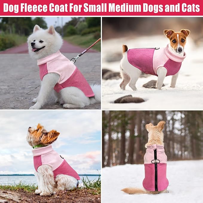 Idepet Dog Fleece Vest Sweater Zip Up Warm Pullover Dogs Jacket with D-Ring Leash Winter Cold Weater Coat Pet Sweatershirt Clothes Hoodie for Small Medium Dogs Boy Girl (Pink/Rose Red, XS)