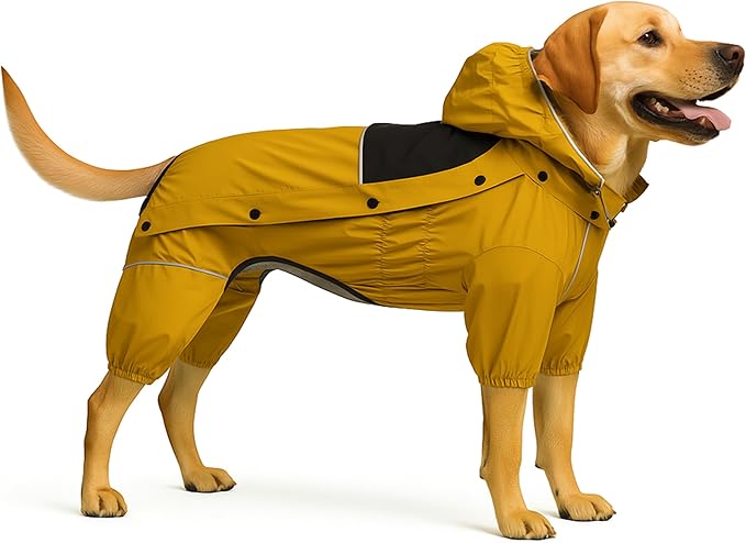 LOVELONGLONG Fleece-Lined Dog Raincoat with Removable Hood – Waterproof Winter Full Body Dog Jacket – Windproof Snowproof Cold-Weather Suit – Yellow-F 3XL