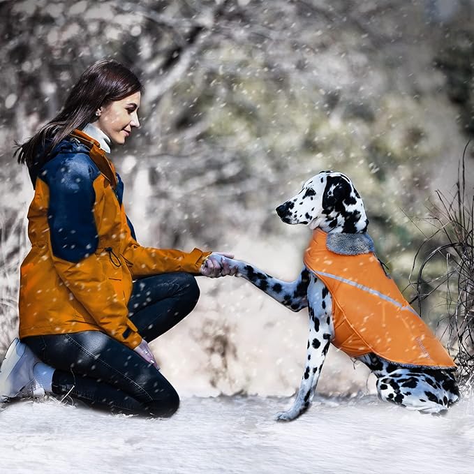 VIVAGLORY Snowrap Dog Coat, Jacket with Harness Hole & Velcro Closure, Dog Coat for Winter & Cold Weather, Fluffy Warm Fleece Lined Reflective Water Resistant for Puppy, XS, Orange