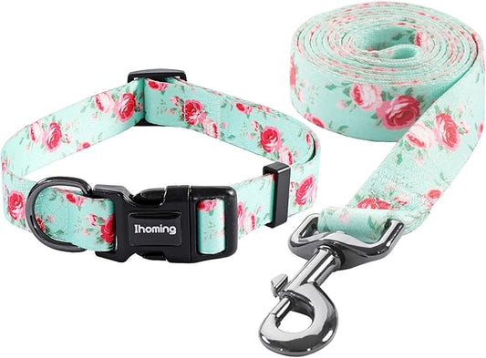 Ihoming Dog Collar and Leash Set for Daily Outdoor Walking Running Training, Floral Spring Design for Large Boys Girls Dogs Cats Pets, L-Up to 80LBS