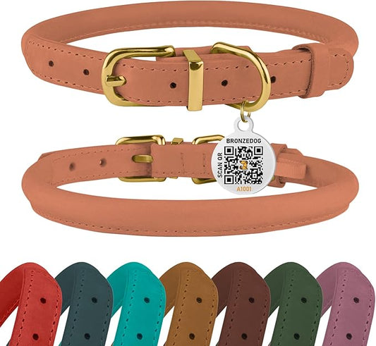 BronzeDog Rolled Leather Dog Collar with QR ID Tag, Adjustable Soft Round Collars for Small Medium Large Dogs Puppy (11" - 14 1/2" Neck Size, Peach)